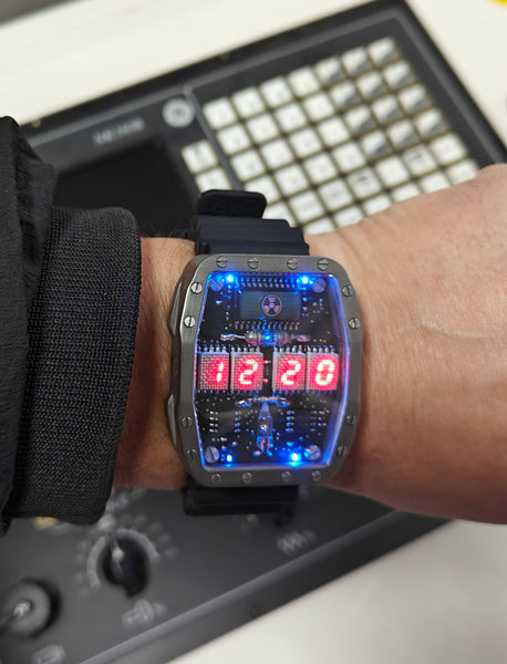 Titanium wrist watch red led , handmade, Made in Italy