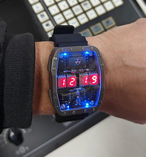 Titanium wrist watch red led , handmade, Made in Italy