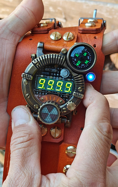 Brass wrist watch yellow/green led , handmade, Made in Italy