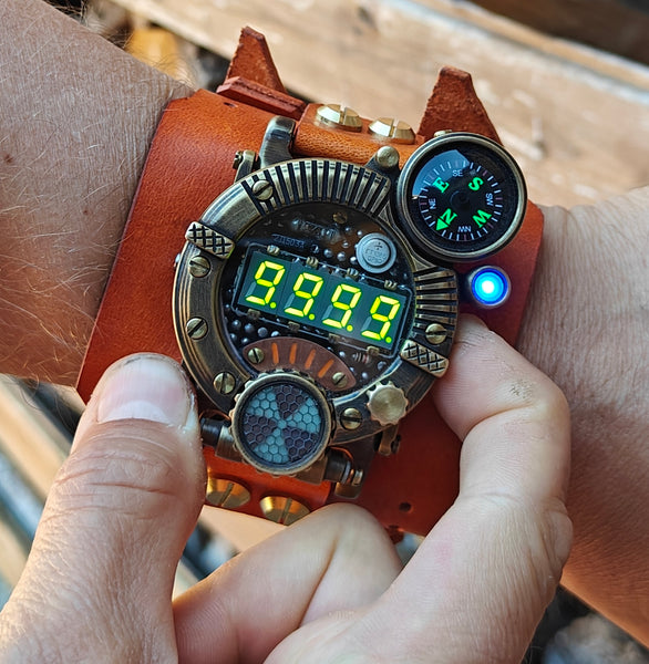 Brass wrist watch yellow/green led , handmade, Made in Italy