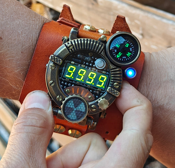 Brass wrist watch yellow/green led , handmade, Made in Italy