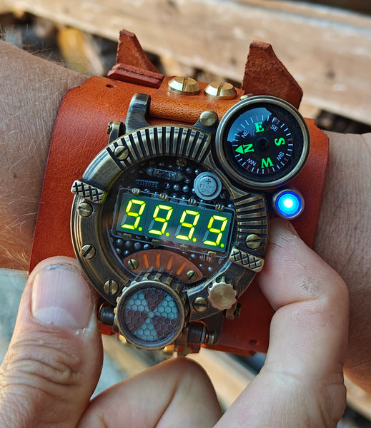 Brass wrist watch yellow/green led , handmade, Made in Italy