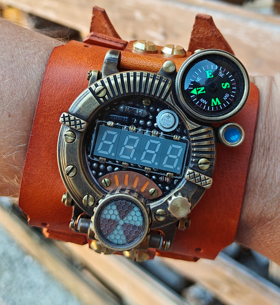 Brass wrist watch yellow/green led , handmade, Made in Italy