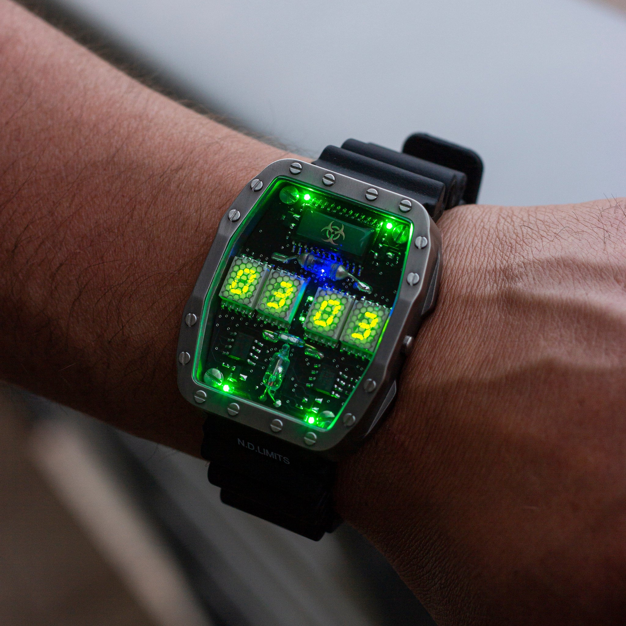 Titanium wrist watch green led , handmade, Made in Italy (Copia)