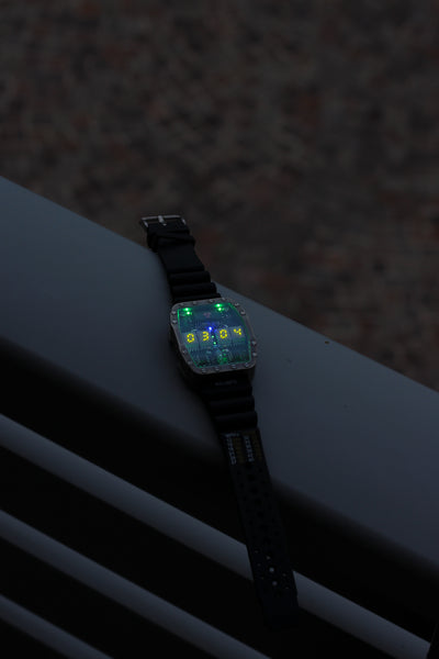 Titanium wrist watch green or red led , handmade, Made in Italy