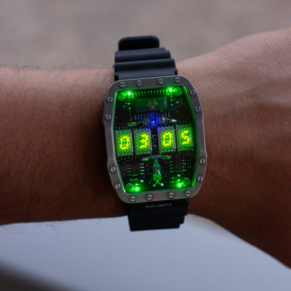 Titanium wrist watch green or red led , handmade, Made in Italy