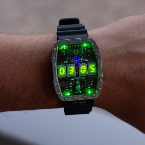 Titanium wrist watch green or red led , handmade, Made in Italy