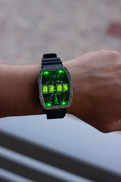Titanium wrist watch green or red led , handmade, Made in Italy
