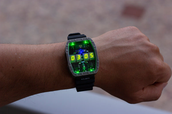 Titanium wrist watch green or red led , handmade, Made in Italy