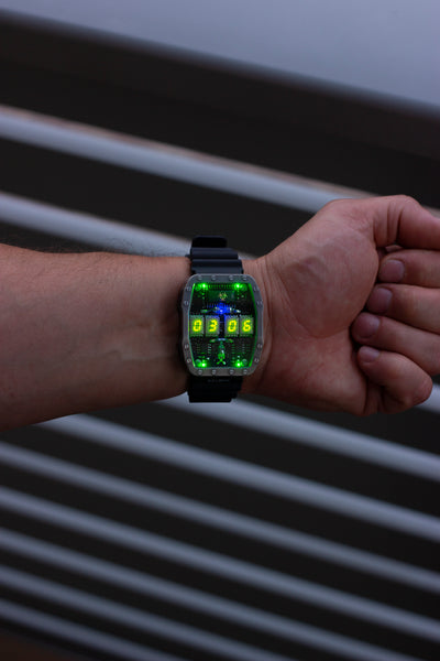 Titanium wrist watch green or red led , handmade, Made in Italy