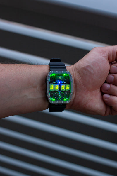 Titanium wrist watch green or red led , handmade, Made in Italy