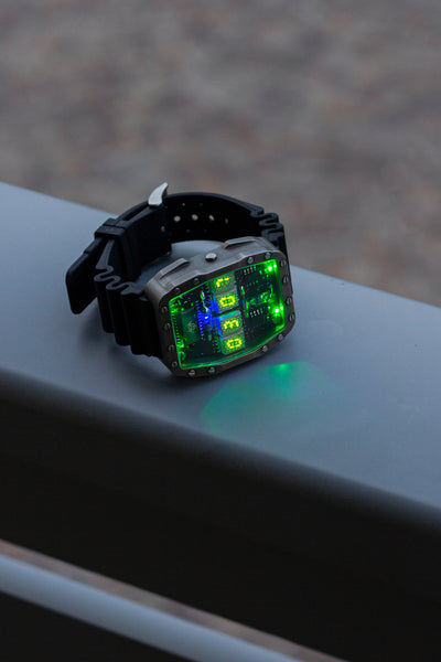Titanium wrist watch green or red led , handmade, Made in Italy