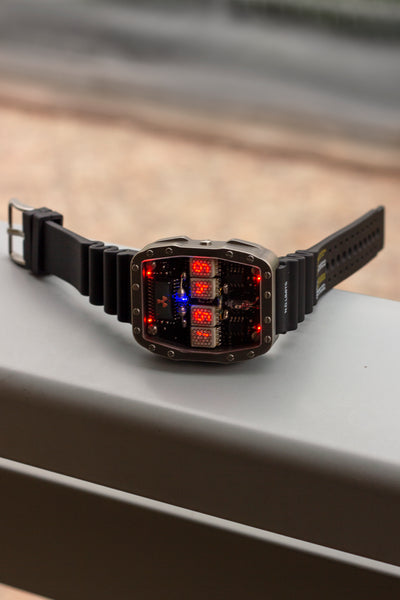 Titanium wrist watch green or red led , handmade, Made in Italy