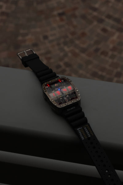 Titanium wrist watch green or red led , handmade, Made in Italy