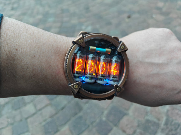 Special Nixie watch, Brass, bronze watch, self made with accelerometer